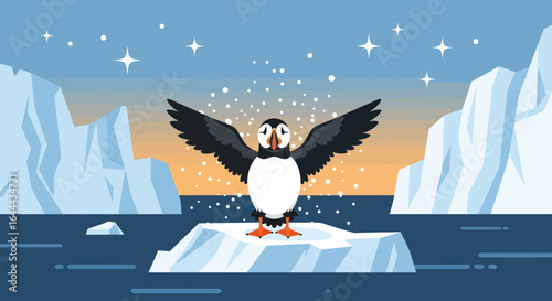 Playful puffin flapping wings on iceberg, arctic scene, winter landscape illustration