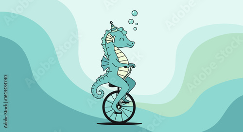 Playful Seahorse Illustration with Unicycle on Wavy Background Artwork Display