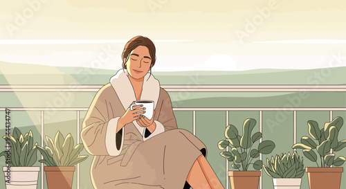 Serene morning ritual woman enjoying coffee on balcony surrounded by plants