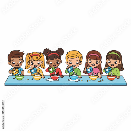 Cartoon Style Children Mixing Ingredients in Bowl for Baking Illustration