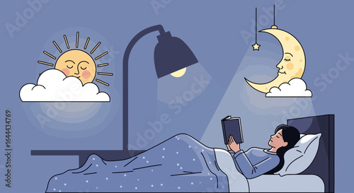 Serene night reading illustration showing relaxation before sleep and dreams with celestial elements