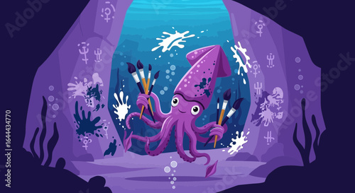 Playful squid artist creating underwater cave paintings with vibrant brushstrokes