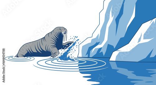 Playful Walrus Emerging From Icy Arctic Waters Creating Ripples