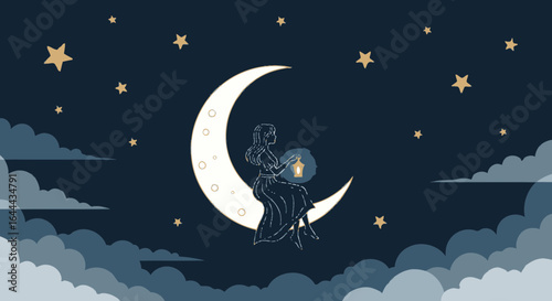 Serene night scene featuring a woman on the moon with lantern and stars background illustration