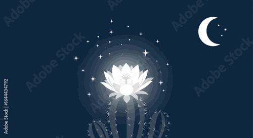 Serene Nightscape of Desert Bloom under the Moonlit Sky with Stars Illustration