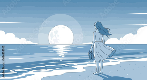 Serene Seaside Contemplation Young Woman Stares at Moonlit Ocean View