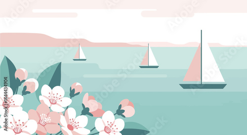 Serene seascape with sailboats, blossoming flowers, and pastel colored hues depicting a calming scenery in a stylized vector illustration