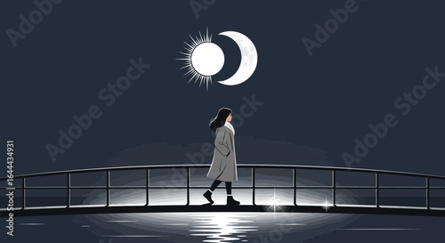 Serene stroll across a bridge under a dual sun and moon artwork conveying peace