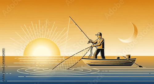 Serene sunset fishing scene: A man in a boat casting a net at dusk with soft colors