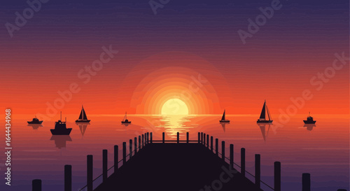 Serene sunset vector landscape featuring boats and a pier reflecting light on water creating a tranquil scene