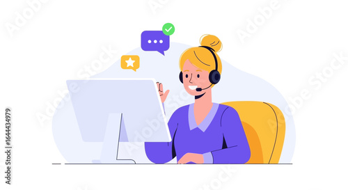 Professional female customer service representative providing assistance online through headset and computer
