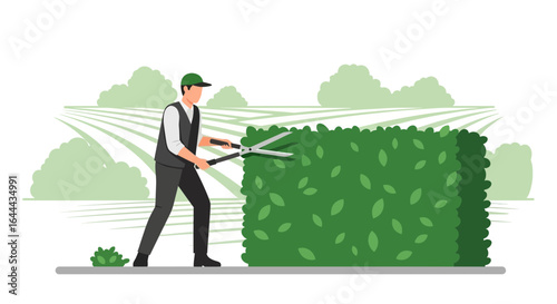 Professional gardener trimming a hedge with shears in a tranquil garden setting