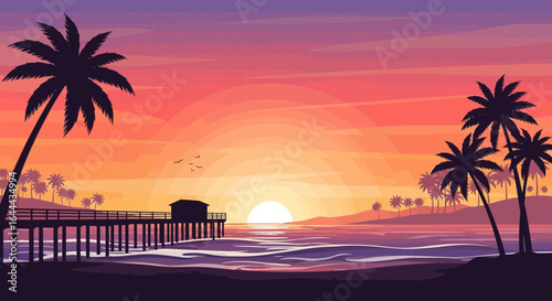 Serene tropical sunset vector illustration with palm trees and wooden pier landscape in vibrant color gradient background