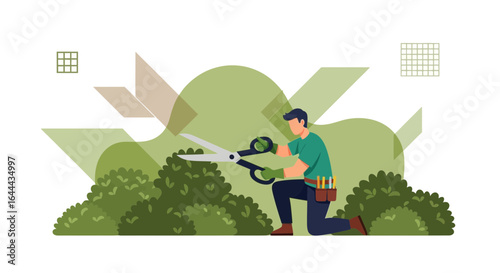 Professional Gardener Shaping Bushes with Large Shears in a Modern Graphic Style Illustration