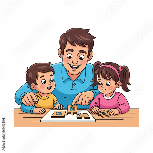 Cartoon Style Father Playing Puzzle with His Children Illustration