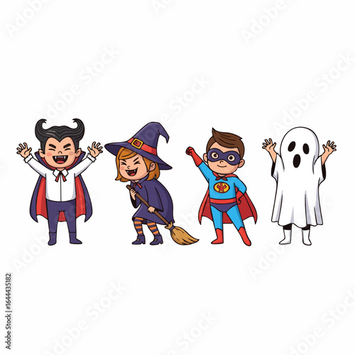 Cartoon Style Halloween Costume Characters Isolated Illustration Set