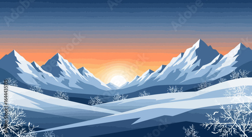 Serene winter landscape with snow-covered mountains at sunset illustration