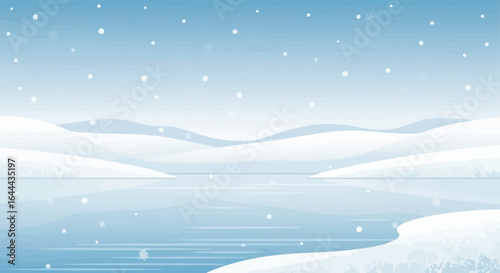 Serene winter landscape with snow-covered hills and a frozen lake illustration
