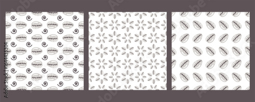 Shells seamless pattern. Set of repeat ornaments with sea elementsand spiral symbols. Various shellfish on white background. Snall seashell. Vector flat illustration