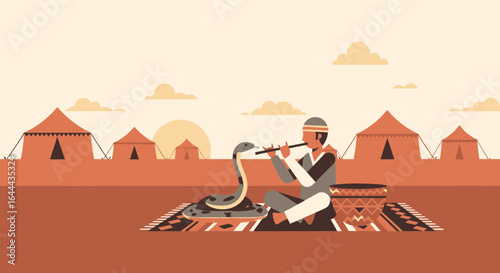 Serpent Charmer Performing with Cobra in Desert Landscape against Tent Backdrop