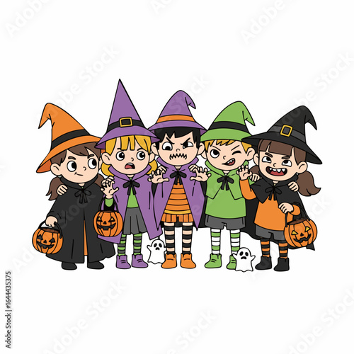 Cute Cartoon Style Group Of Kids Trick Or Treating Character Illustration