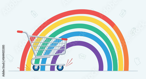 Shopping Cart in Rainbow Colors Against a Colorful Rainbow Backdrop, Vector Illustration, Celebrating Diversity and Inclusion