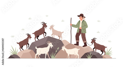 Shepherd guiding goats on rocky terrain, a pastoral scene with a serene atmosphere and traditional charm that captures the essence of rural life