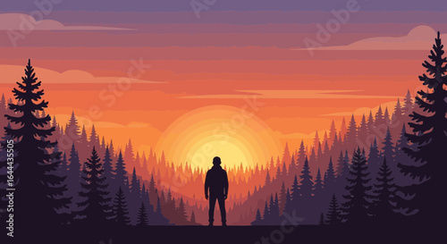Silhouette of a man enjoying the sunset in the forest vector landscape illustration with vibrant colors for outdoor adventure