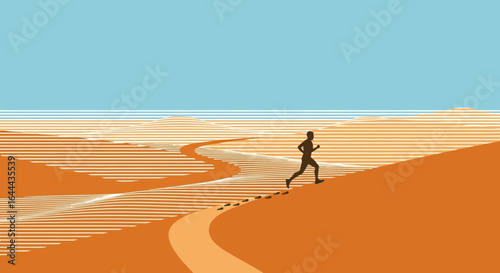Silhouette of a runner in a stylized desert landscape representing endurance and determination in a minimalist design