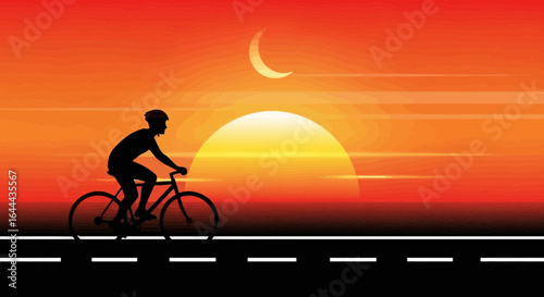 Silhouette of cyclist riding bike on the road during sunset or sunrise scene in the evening or morning time minimal
