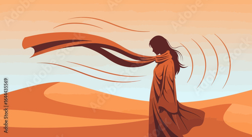 Silhouette of a woman in the desert with flowing scarf evoking freedom and solitude