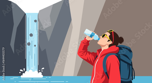Refreshing Break Young Hiker Drinking Water Waterfall Illustration Background