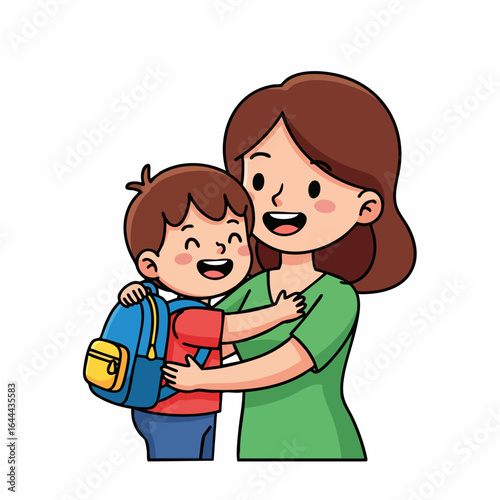 Cheerful Cartoon Mother Embracing Her Son with Backpack Illustration