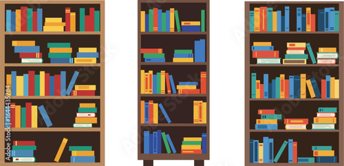 Bookshelf filled with colorful books in wooden shelving unit set of three illustrations vector design