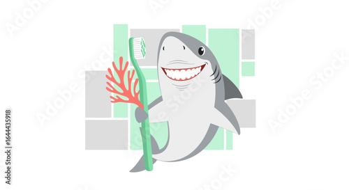 Smiling shark illustration advocating for dental hygiene with toothbrush and coral near tiles