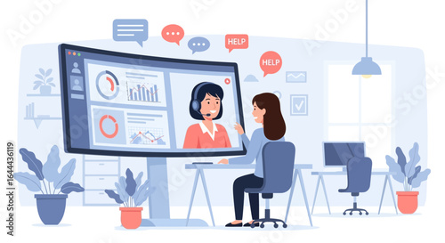 Remote assistance concept showing woman using video call for consulting and support