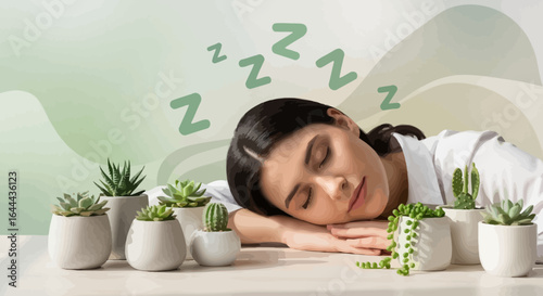 Relaxing Woman Napping Beside Succulents Under Sleep Bubbles In Studio Shot