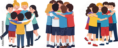 Children group hugging friendship outdoor casual clothing happiness unity togetherness joy and warmth vector illustration