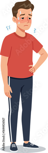 Young man feeling cold and uncomfortable in casual red shirt and navy pants expressing shivering emotion vector illustration