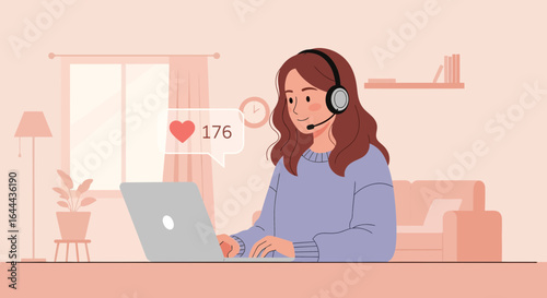 Remote customer service representative working with laptop in home office setting