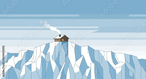 Remote Cabin Nestled Atop Ice Mountain Peak Surrounded by Snowy Landscape