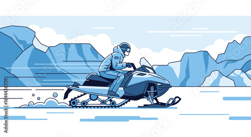 Snowmobile riding in a winter landscape with a mountain range, winter adventure