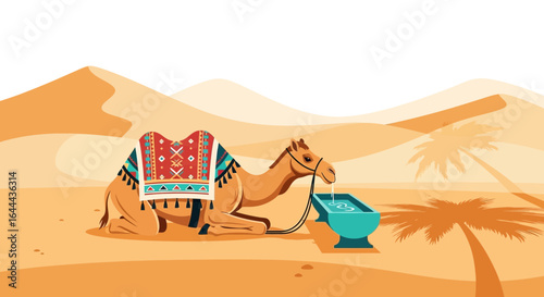 Resting camel in desert landscape with traditional saddle drinking water from trough creating a peaceful arabic atmosphere