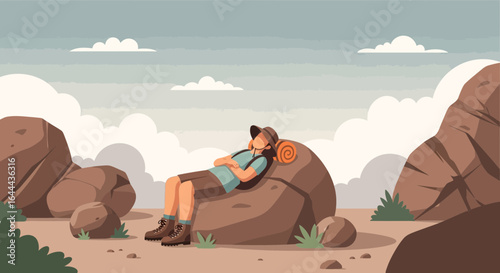 Resting Hiker On Rock Enjoying Nature Scene In Outdoor Adventure Journey