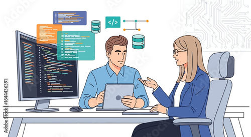 Software developers collaborating on a project discussing code and database architecture in the office
