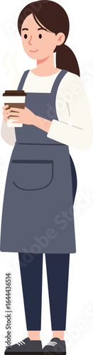 Young woman barista holding steaming cup of coffee wearing apron vector illustration