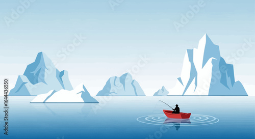 Solitude and Adventure: Man Fishing in a Boat amidst Majestic Icebergs arctic scenery