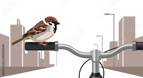 Sparrow perched on bicycle handlebars with stylized cityscape background vector illustration