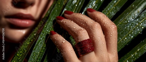 Red Ring Wet Skin Palm Leaf Beauty Closeup Water Drops.
