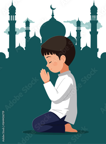 Muslim boy praying in front of mosque silhouette with crescent moon vector illustration for religious culture and spirituality concept